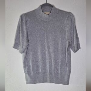 Michael Kors Metallic Silver Mock Neck Short-Sleeve Sweater - Size Large